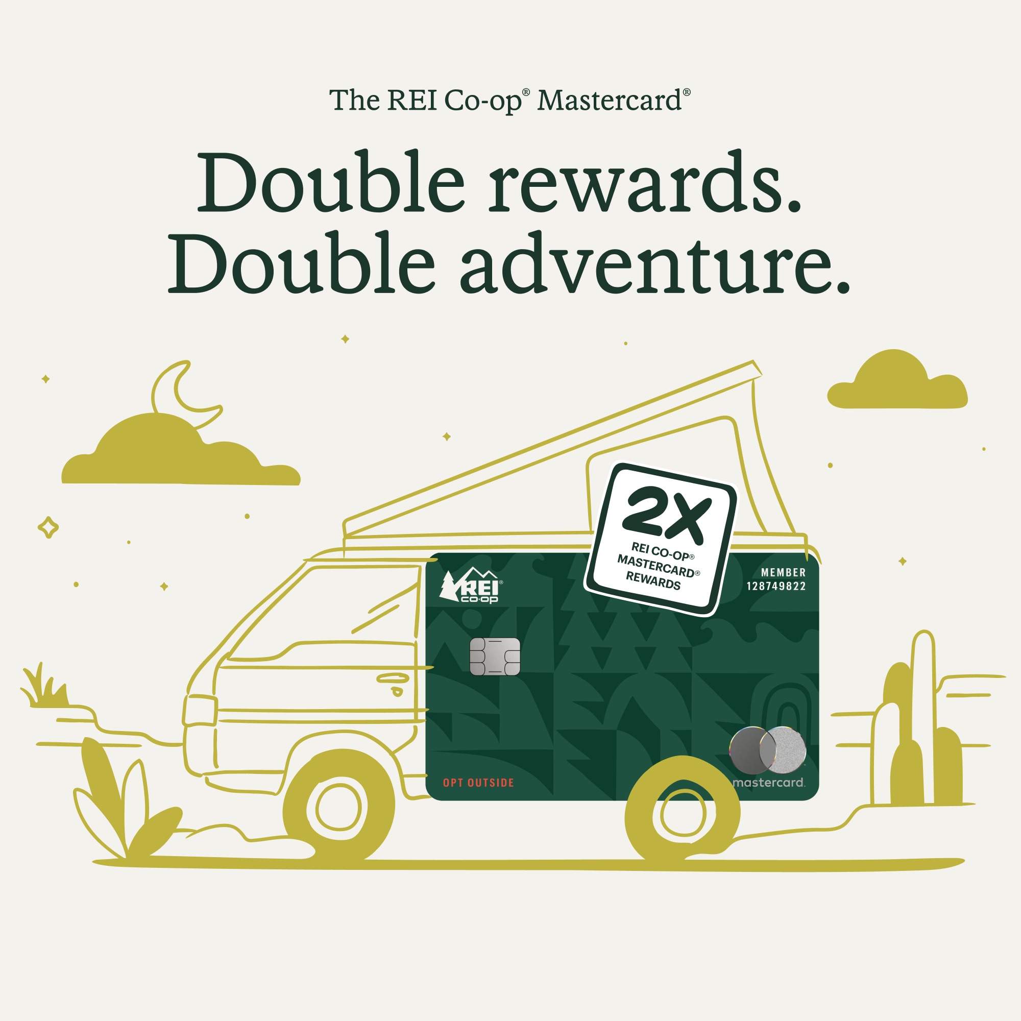 The R E I Co-op Mastercard. Double rewards.