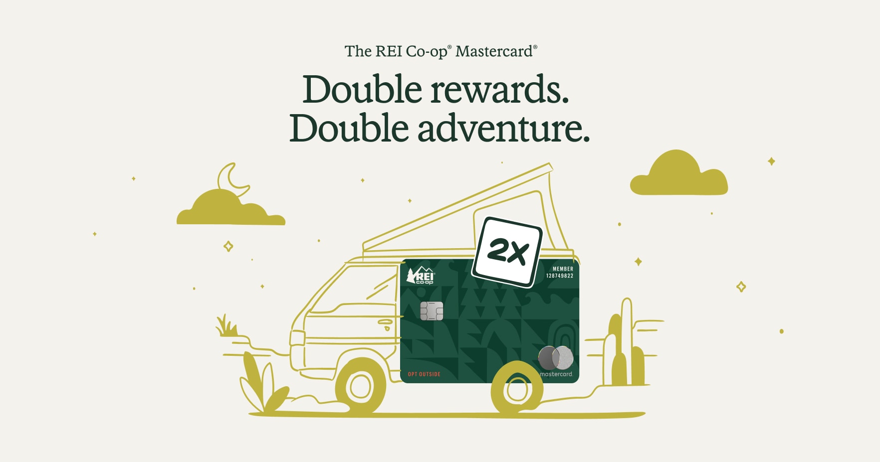 The R E I Co-op Mastercard. Double rewards, double adventure.