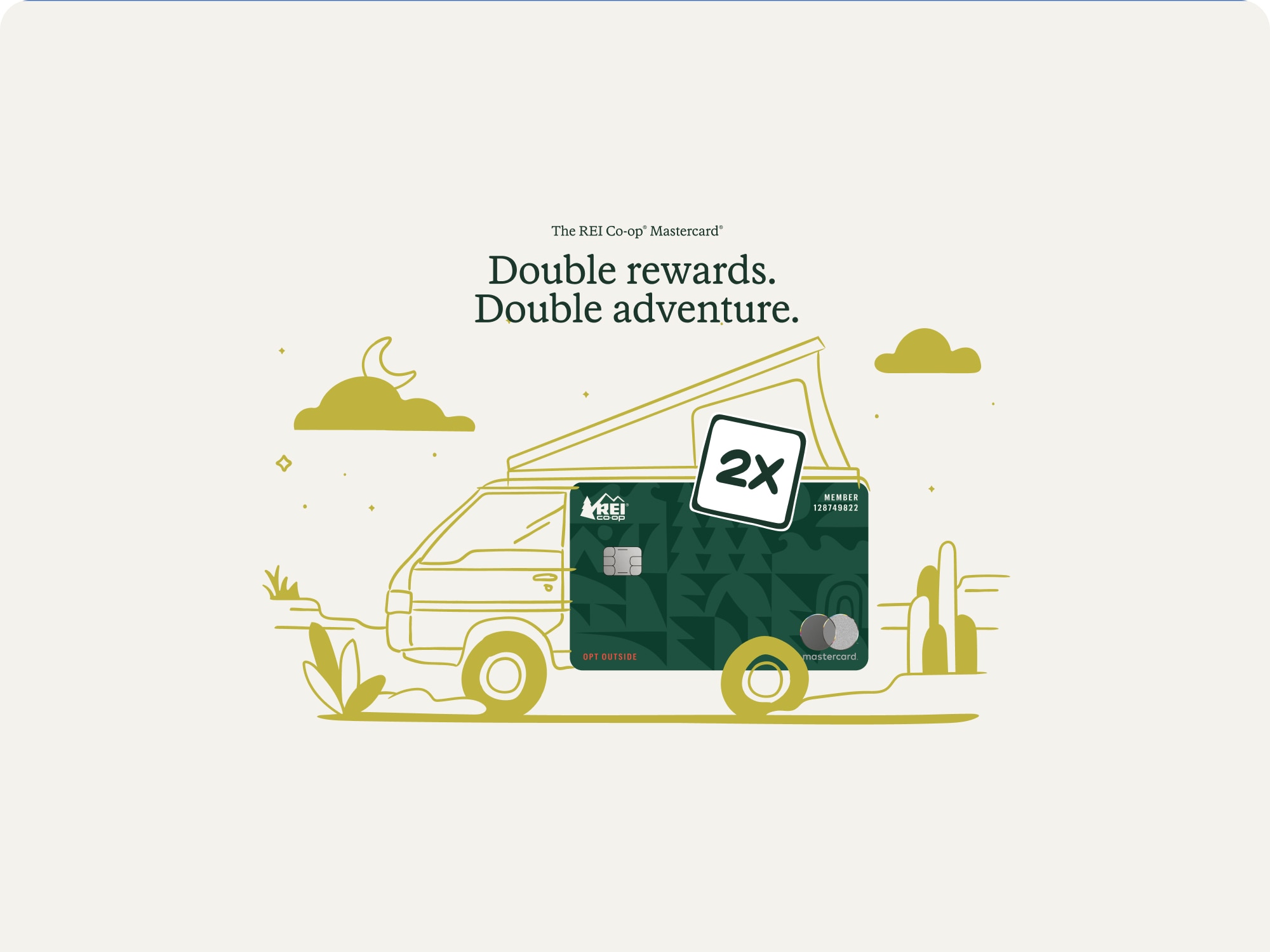The R E I Co-op Mastercard. Double rewards, double adventure.