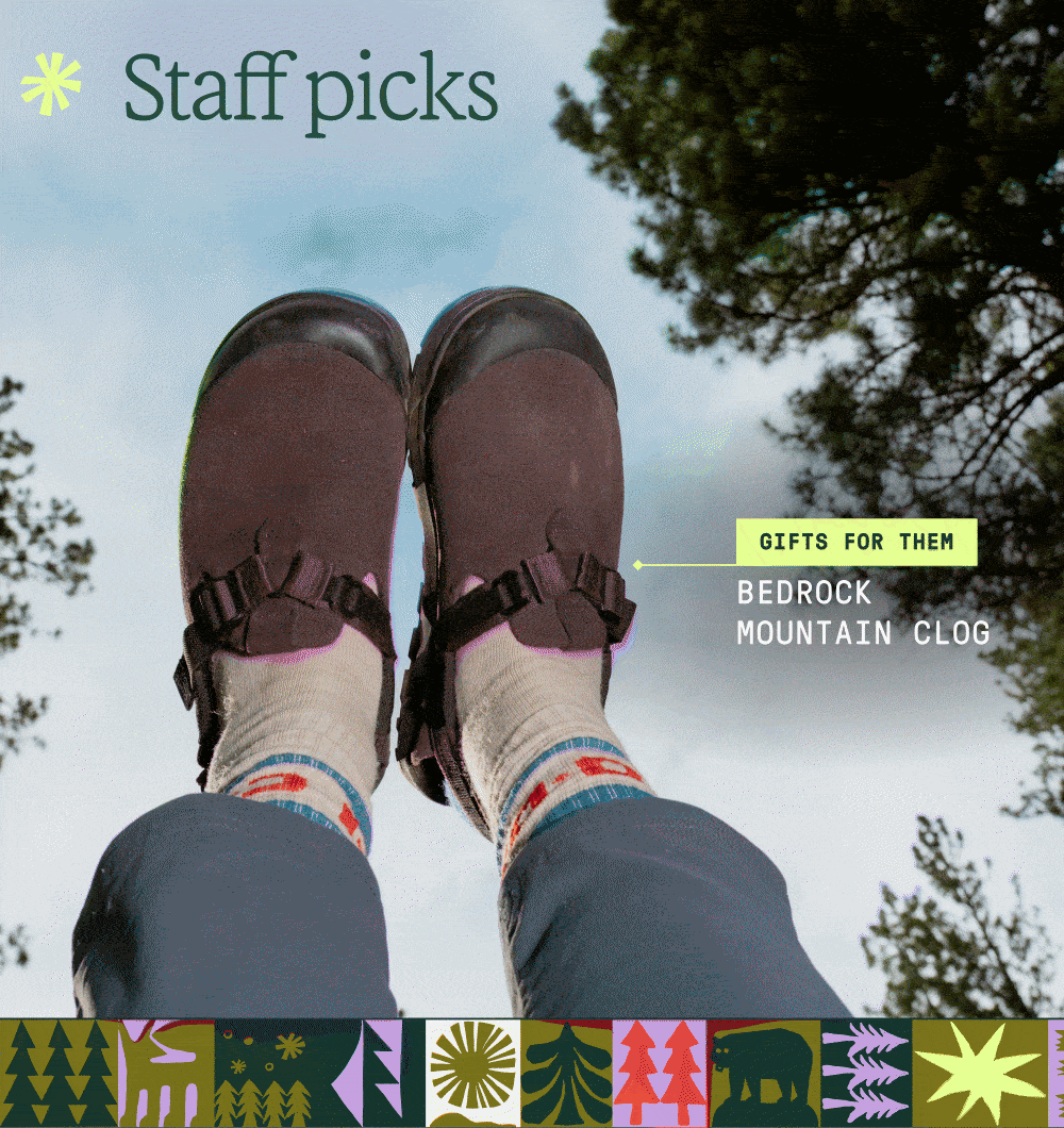 An animation flashing through images of someone wearing Bedrock Mountain Clogs, a person zipping up their Patagonia Nano Puff jacket, a person wearing cozy socks & a person showing off their YETI cup.