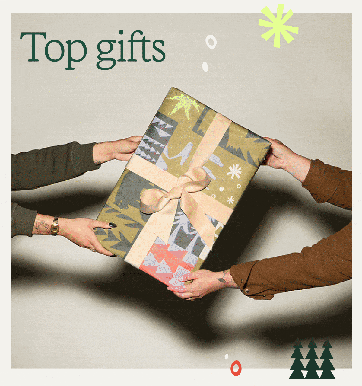 An animation of two people holding wrapped gifts, drinkware, shoes, & an insulated jacket on a light colored background.