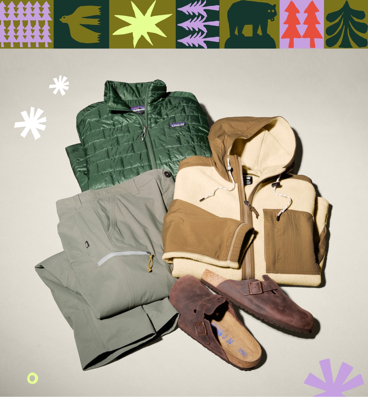 A collage of men’s clothing and a pair of Birkenstock shoes on a light colored background.
