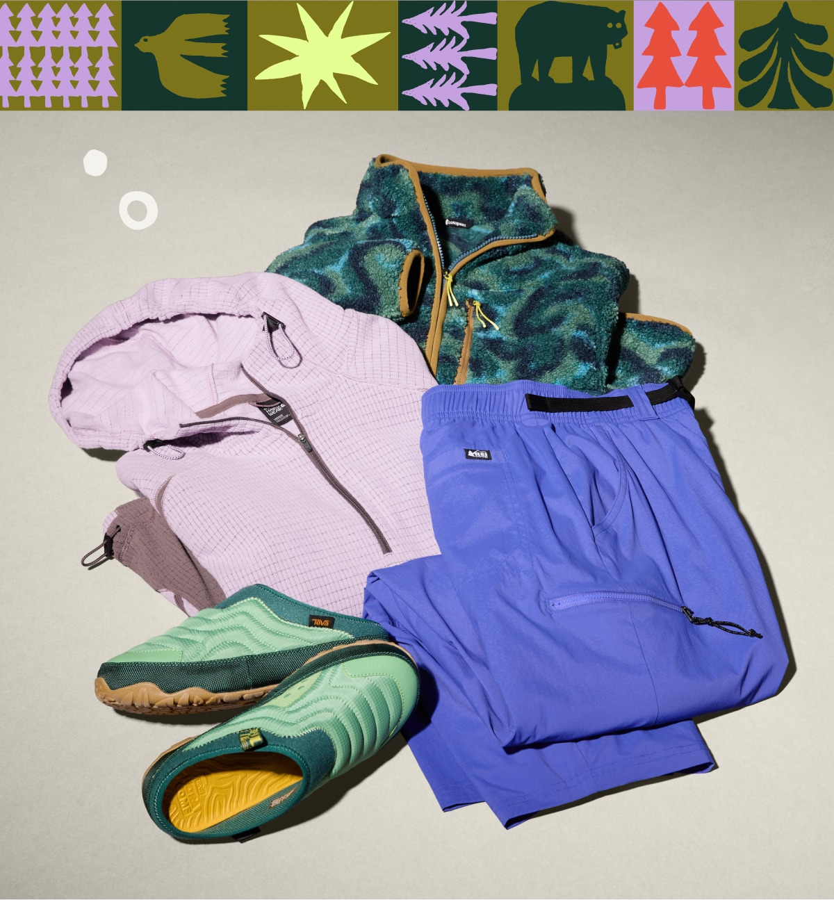 A collage of women’s clothing and a pair of Teva shoes on a light colored background.