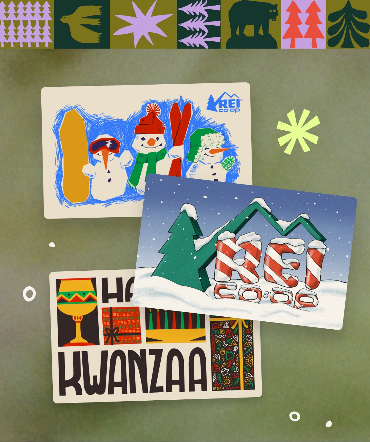 Three holiday-themed gift cards on a light green background.
