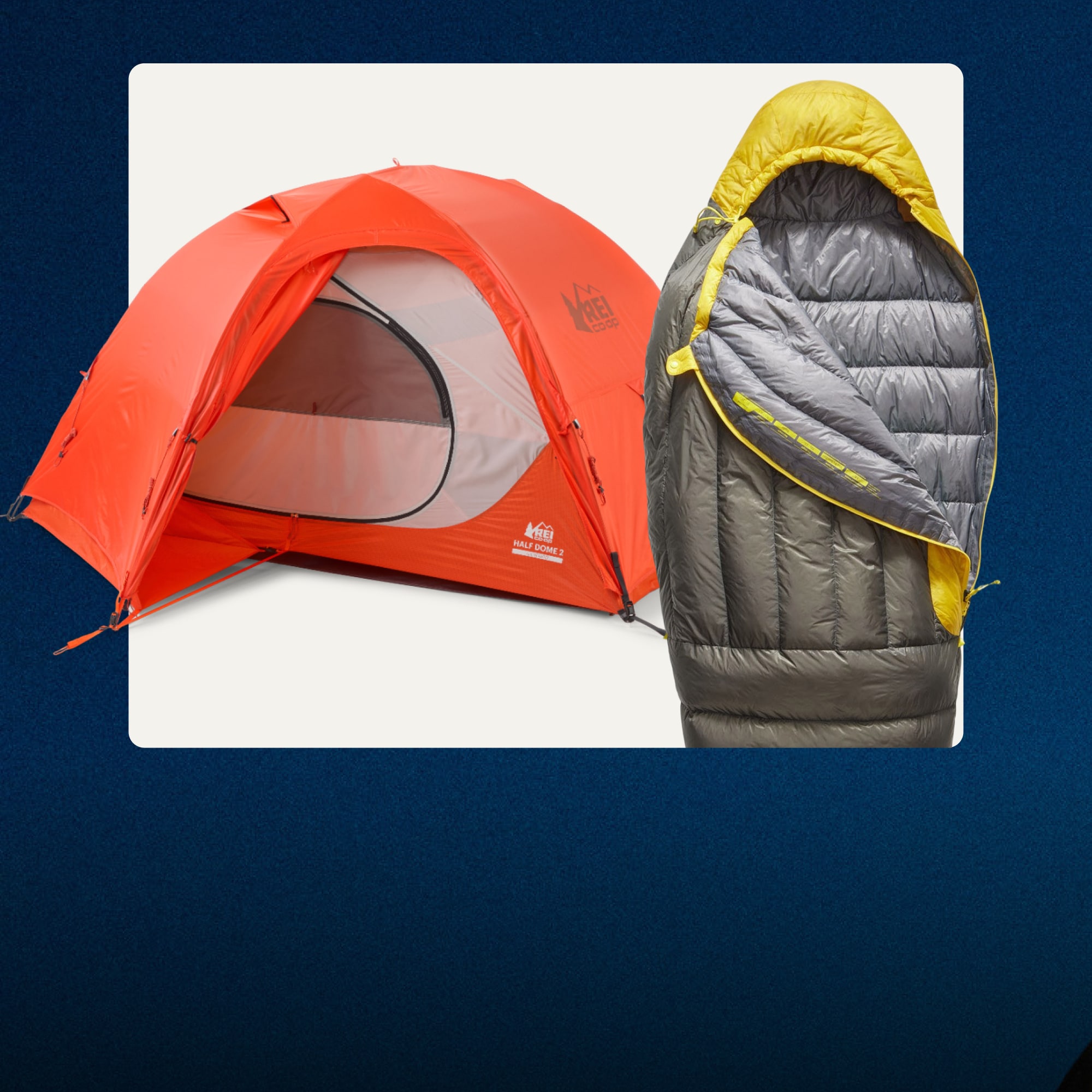 A tent and a sleeping bag on a light colored background.