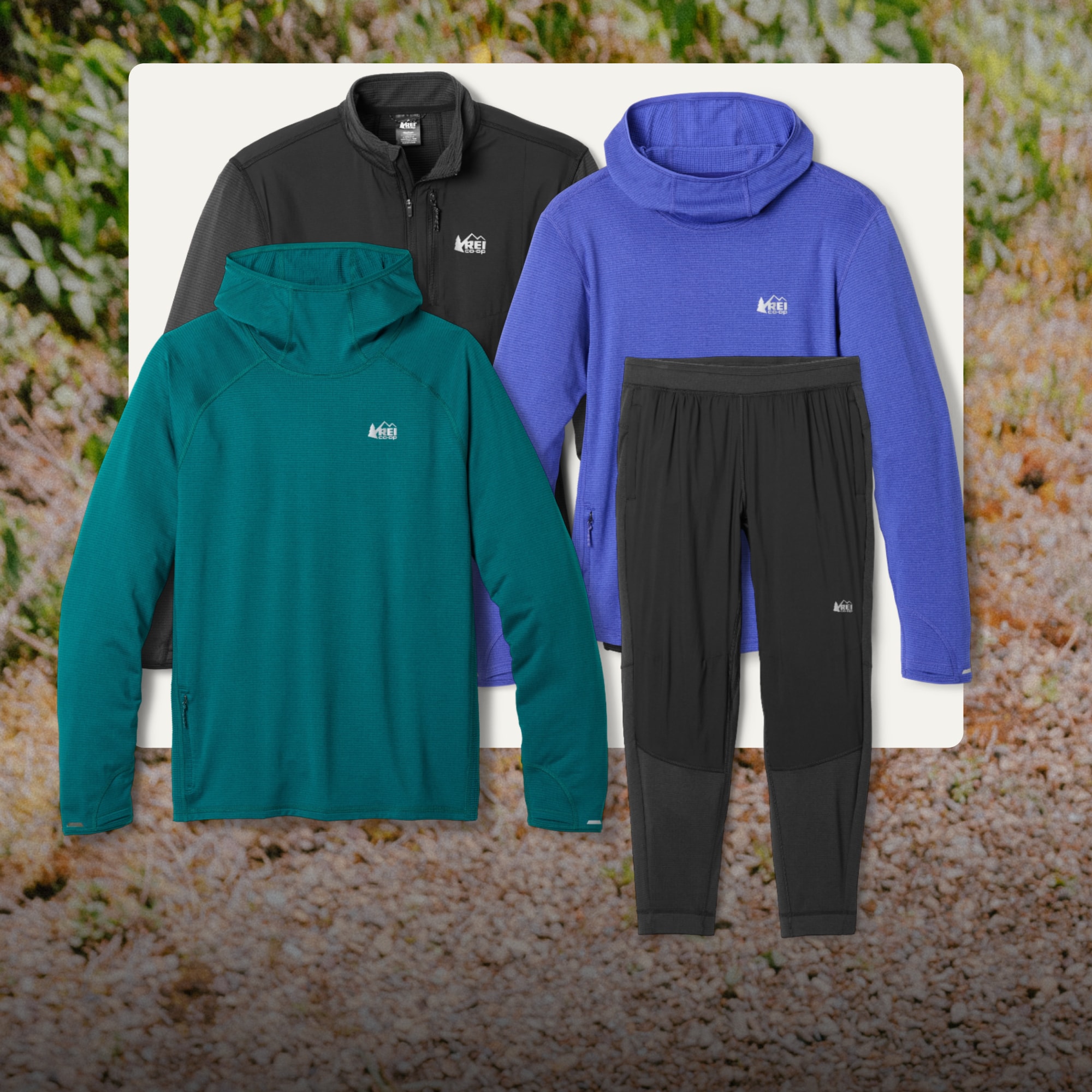 A collage of R E I Co-op brand thermal layers on a light colored background over an image of rocks & plants.