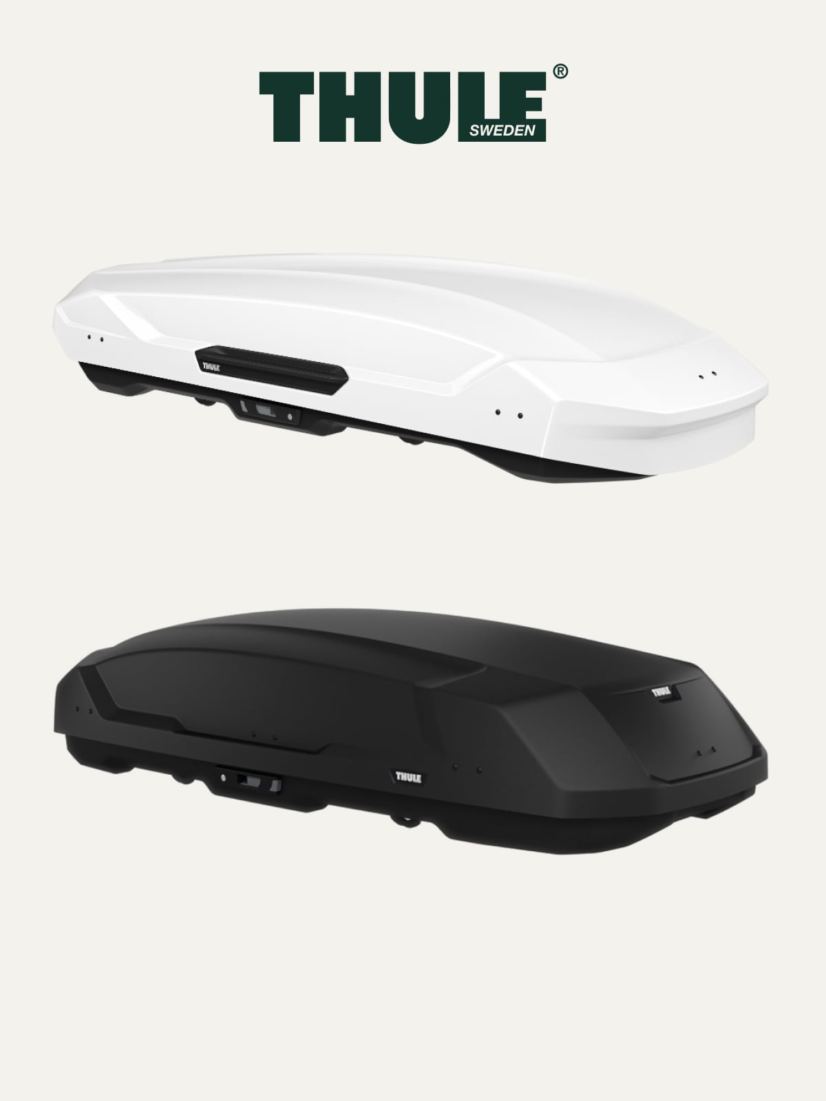 Thule roof boxes on a light colored background.