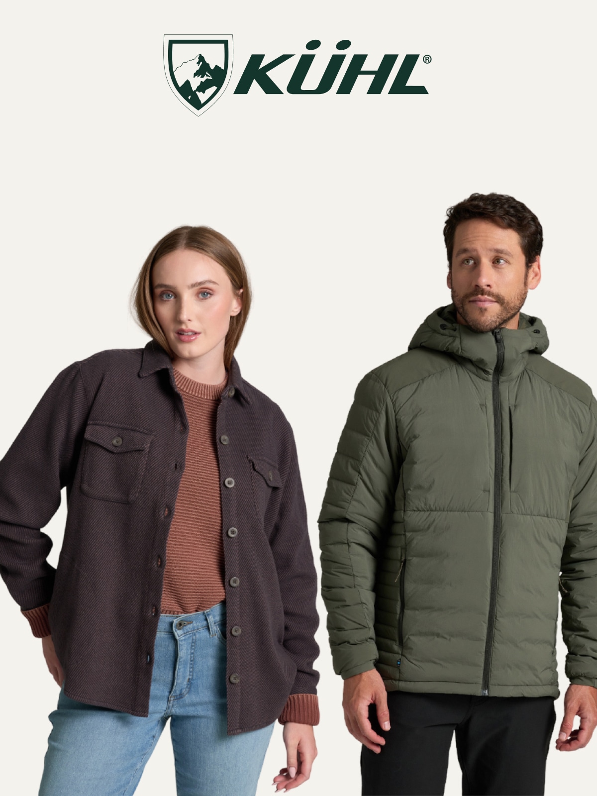 Two people in Kuhl clothing on a light colored background.