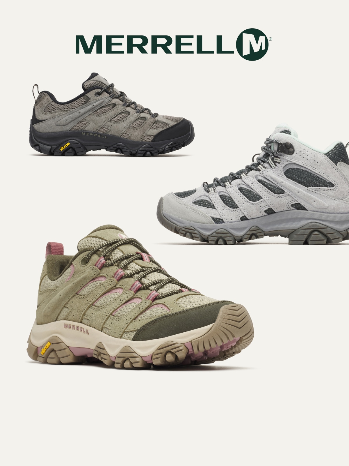 Merrell hiking shoes on a light colored background.