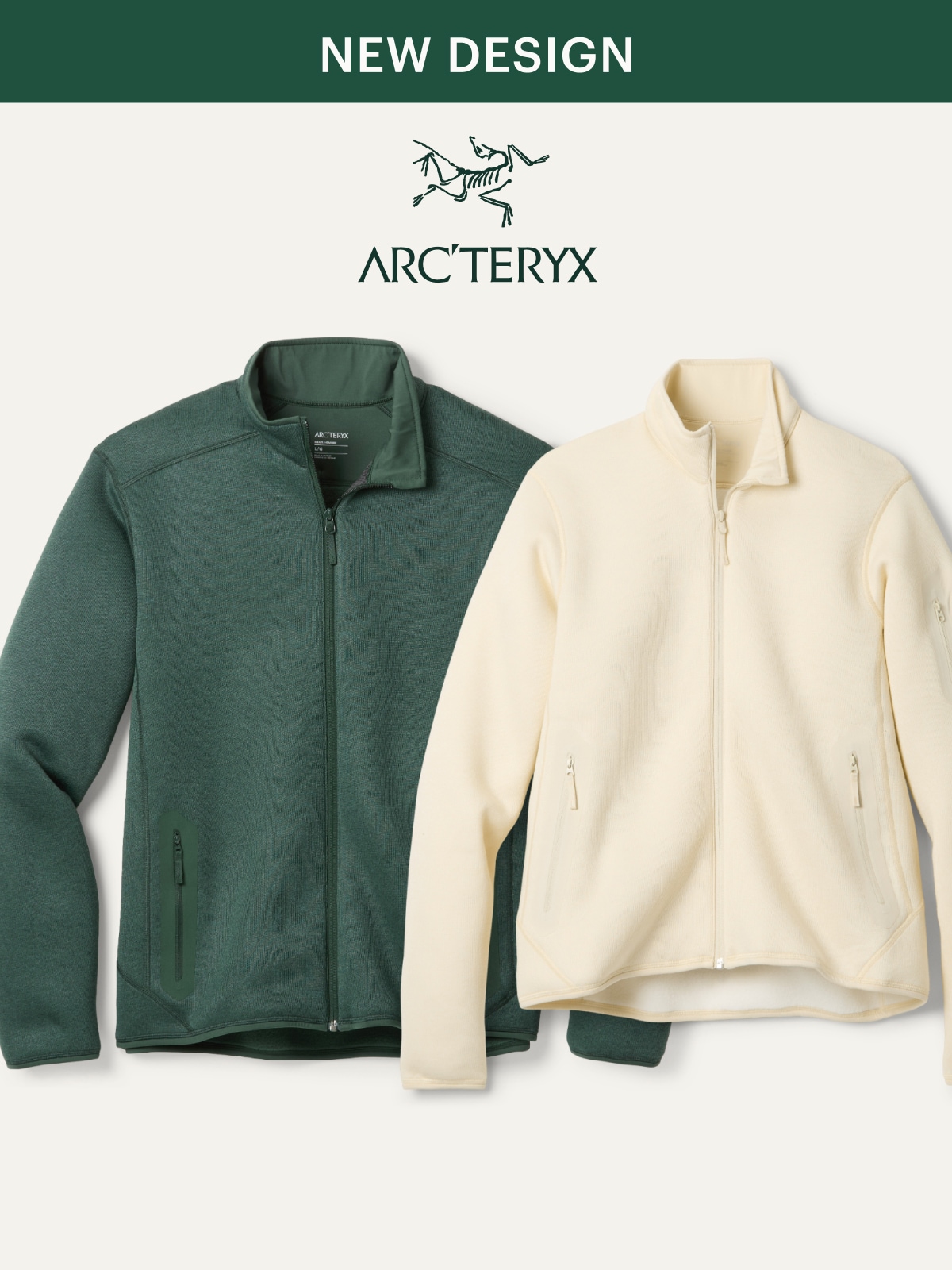 Two Arc’teryx fleece jackets on a light colored background.