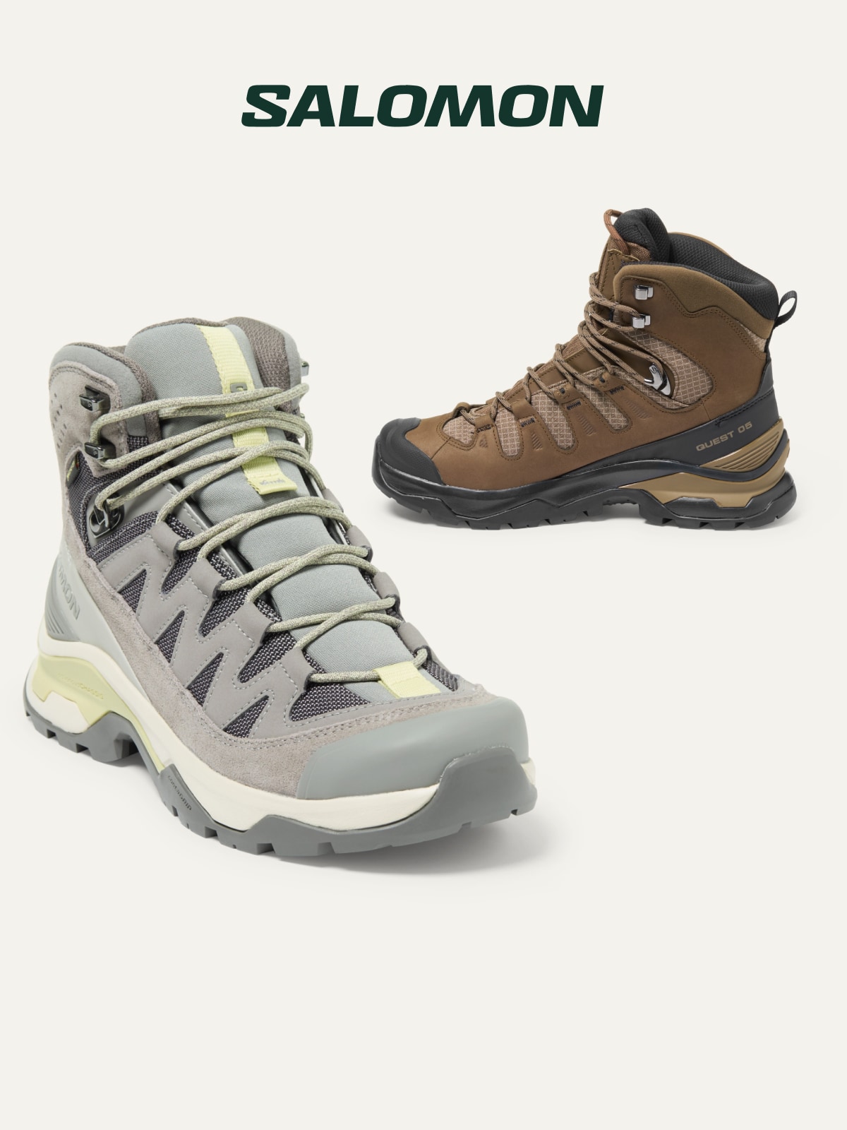 Salomon hiking boots on a light colored background.