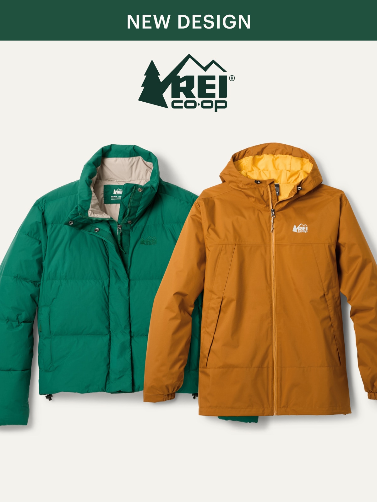 Two R E I Co-op brand jackets on a light colored background.