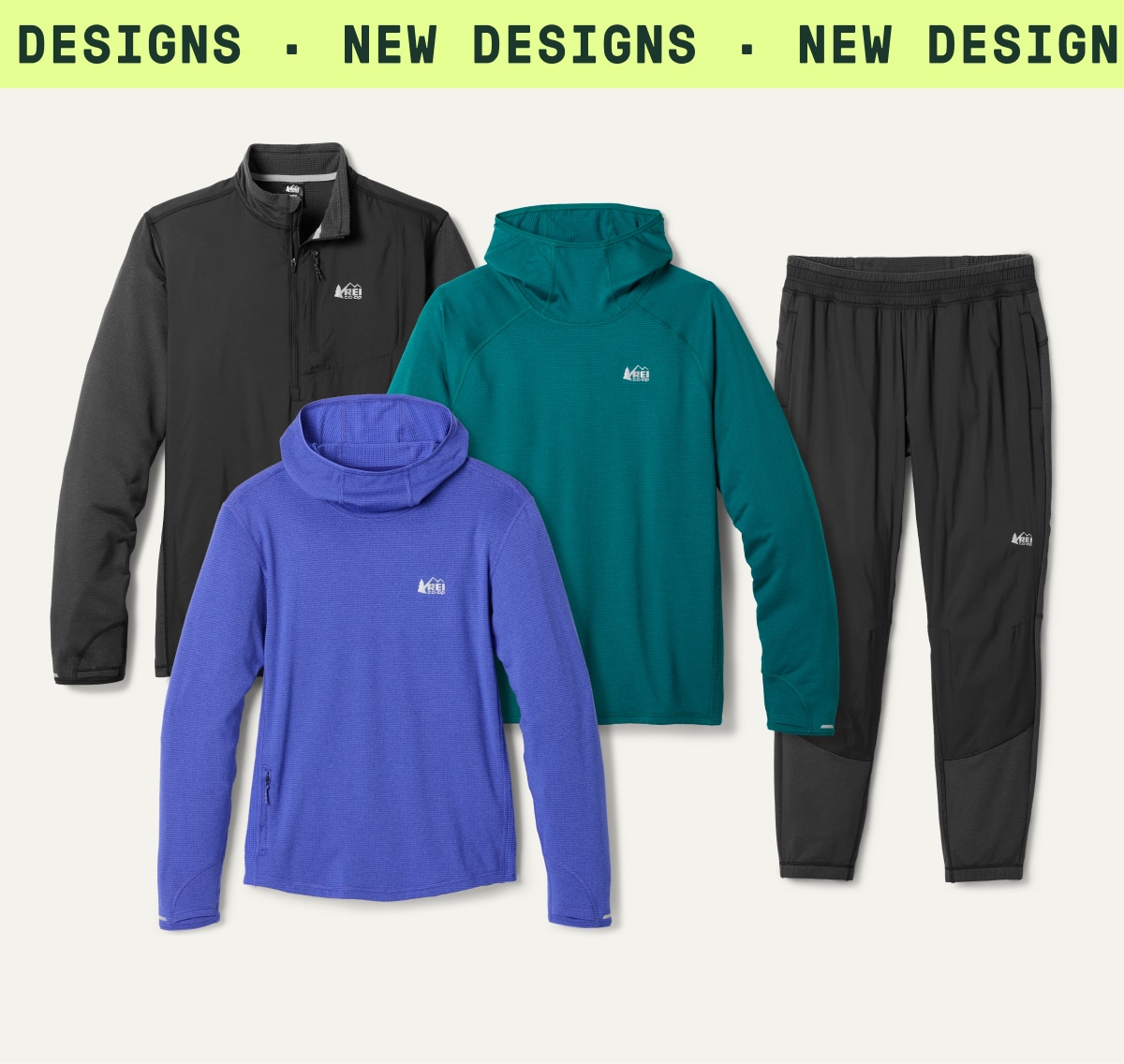 Text reads ‘new designs’ over a collage of R E I Co-op brand thermal layers.