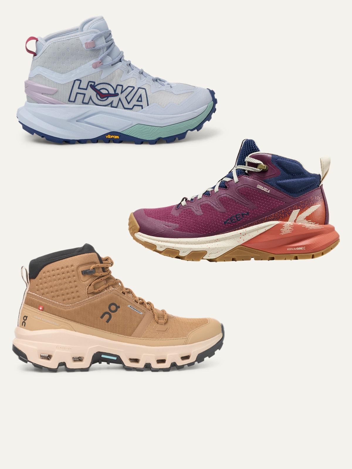 Hiking boots from On, HOKA & Keen on a light colored background.