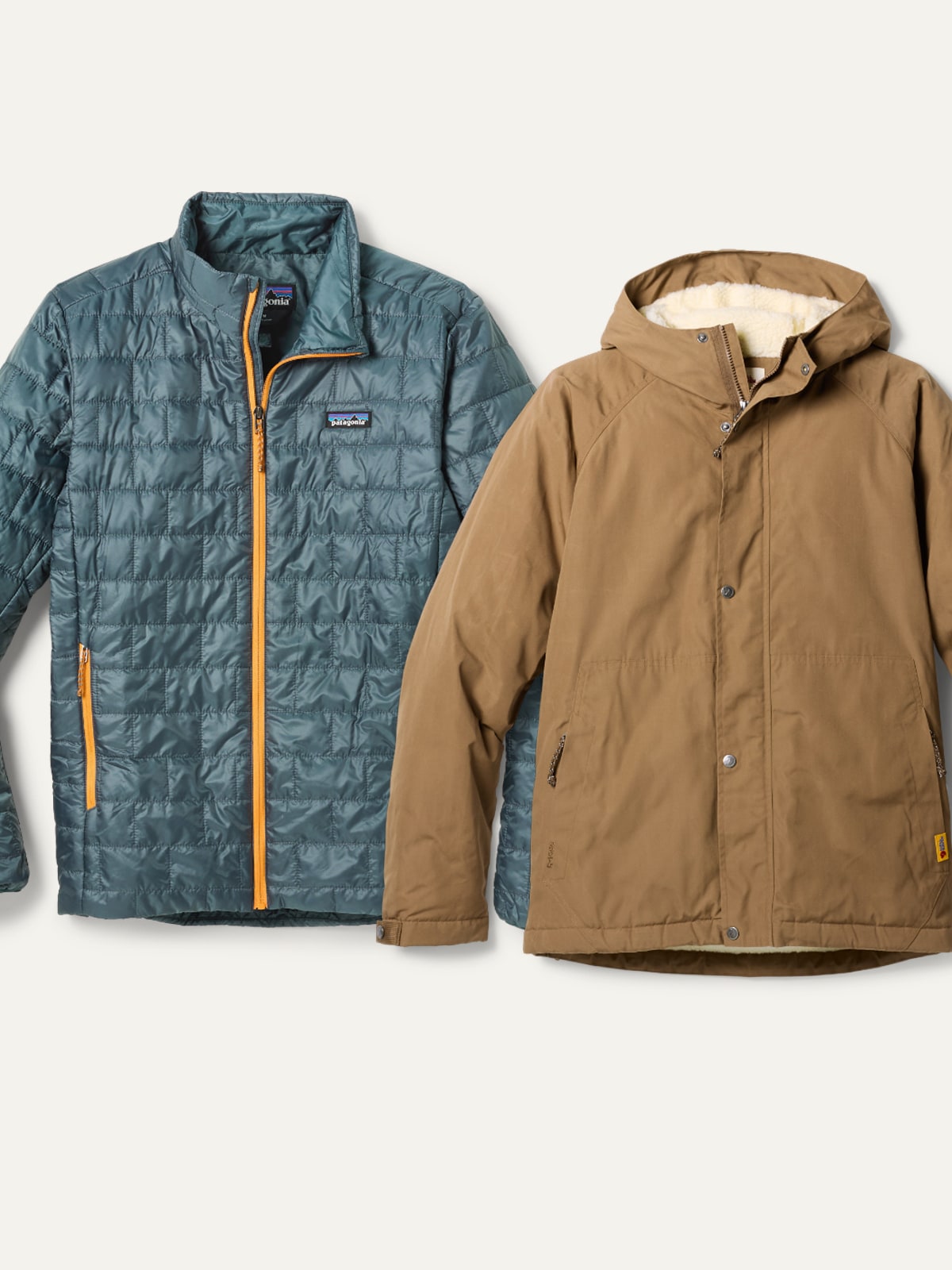 Two insulated jackets on a light colored background.