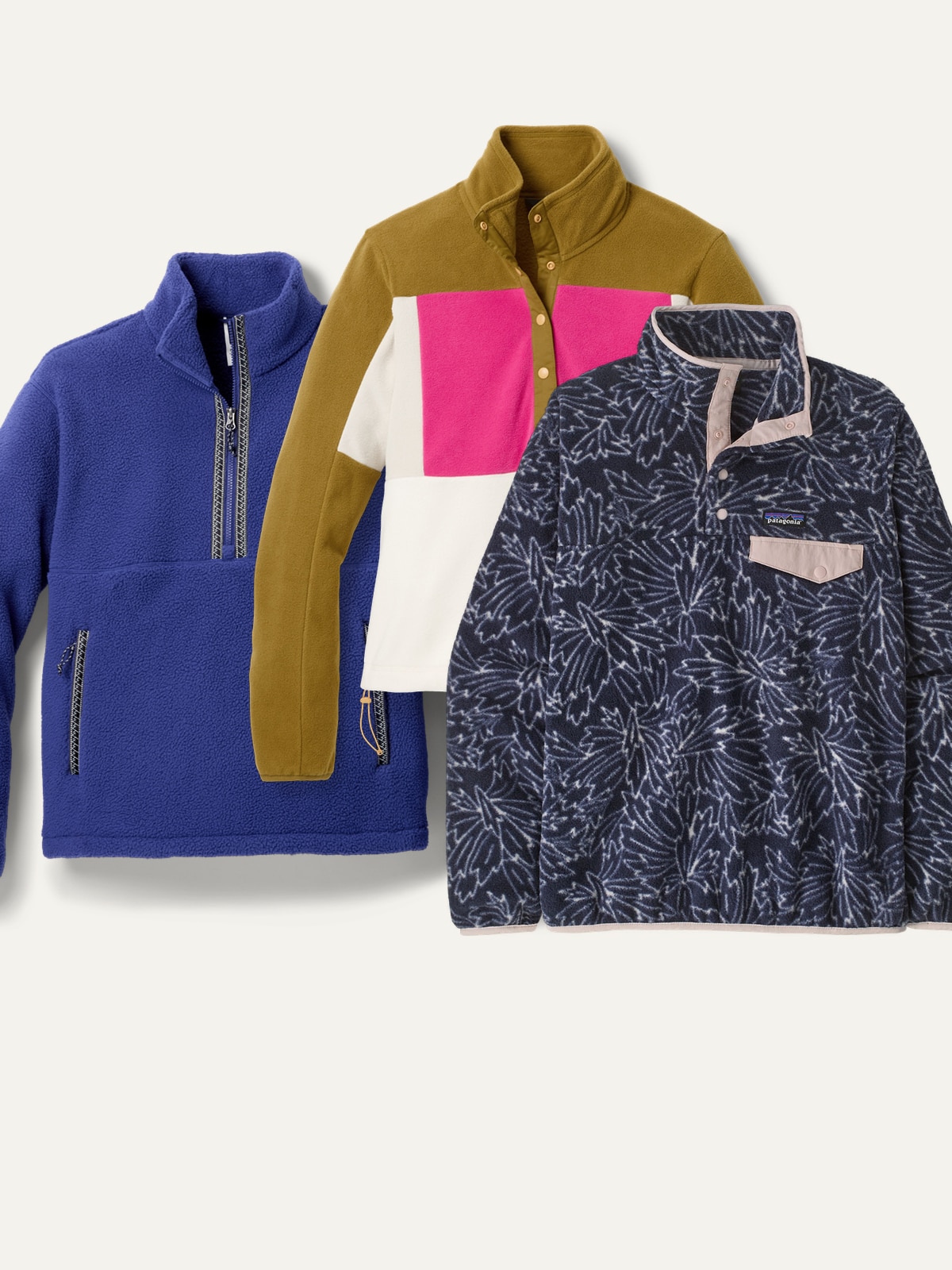 A collage of fleece outerwear on a light colored background.