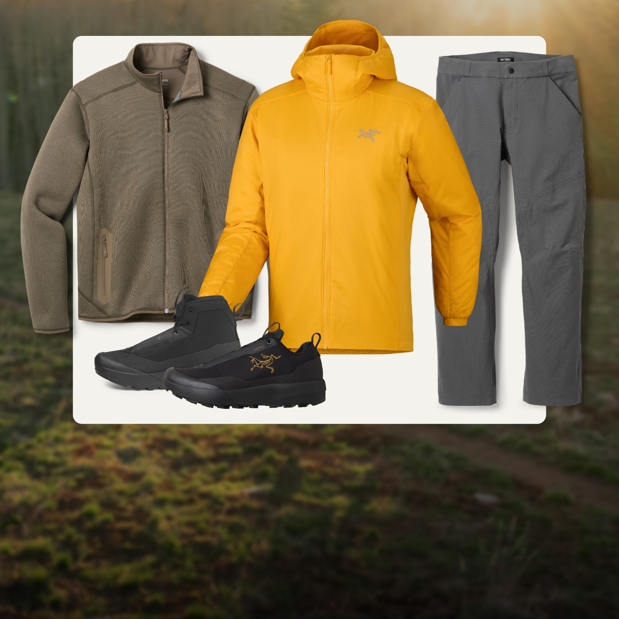 A collage of Arc’teryx clothing & shoes on a light colored background over an image of a trail from above.