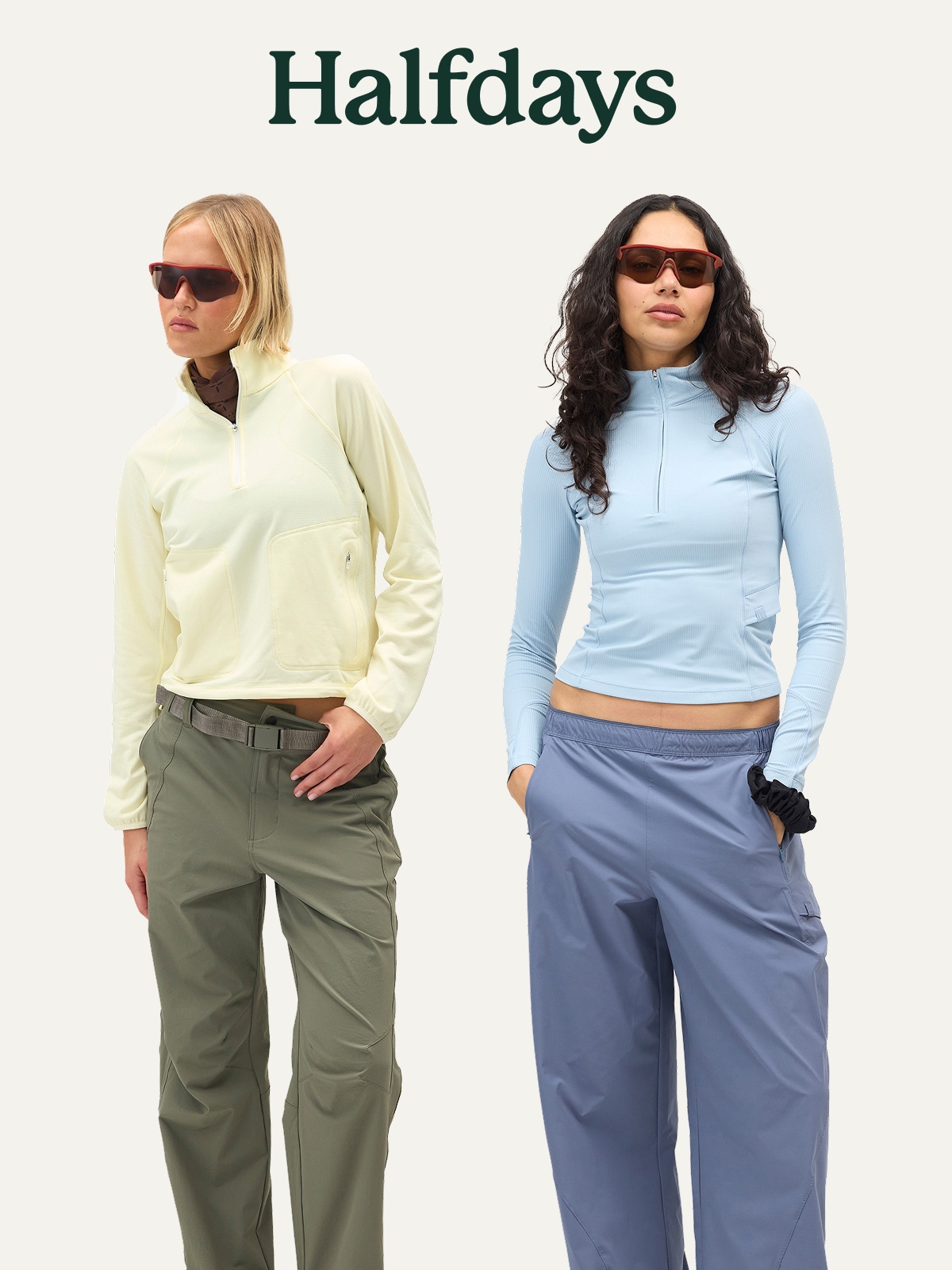 Two people wearing Halfdays clothing on a light colored background.