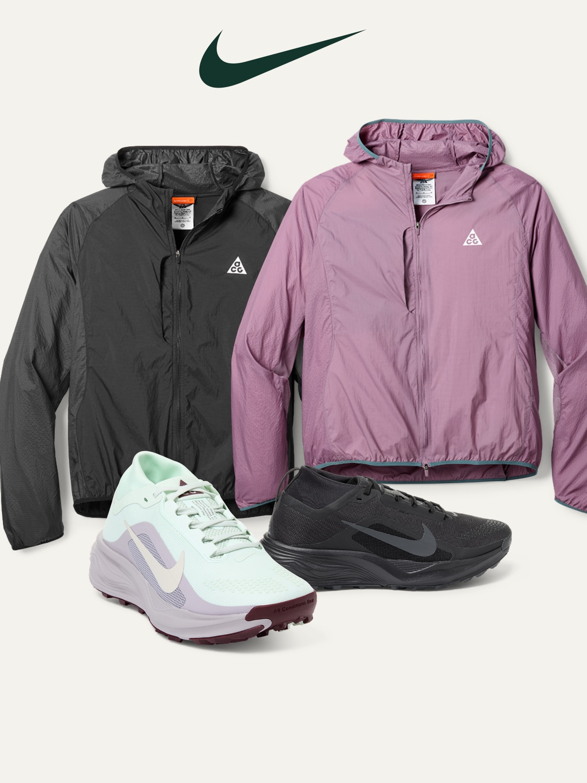 A collage of Nike clothing & shoes on a light colored background.