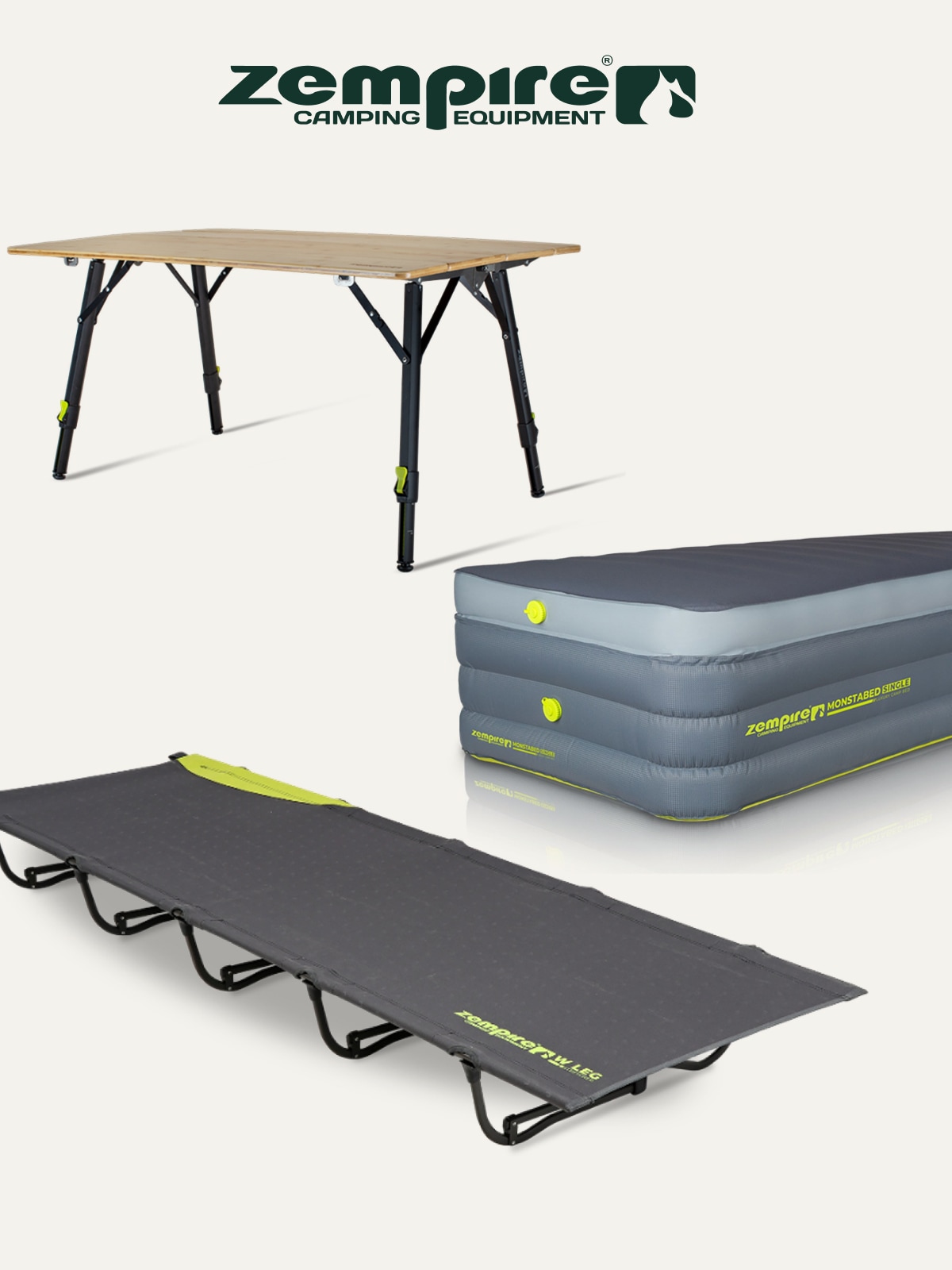 A Zempire Camping Table, Camp Mattress, & Camp Cot on a light colored background.
