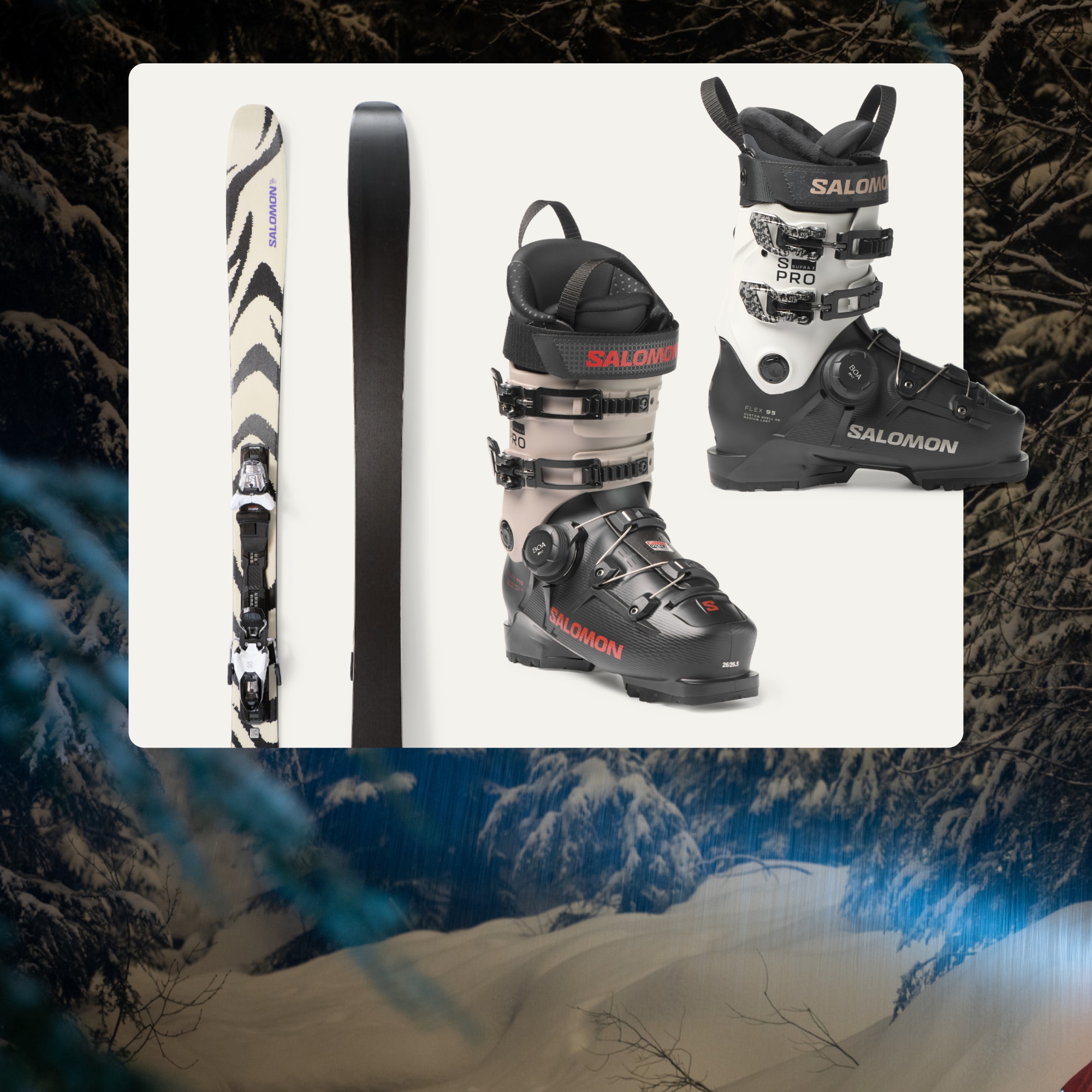 Skis and boots from Salomon on a light colored background over an image of trees and snow-covered mountains.