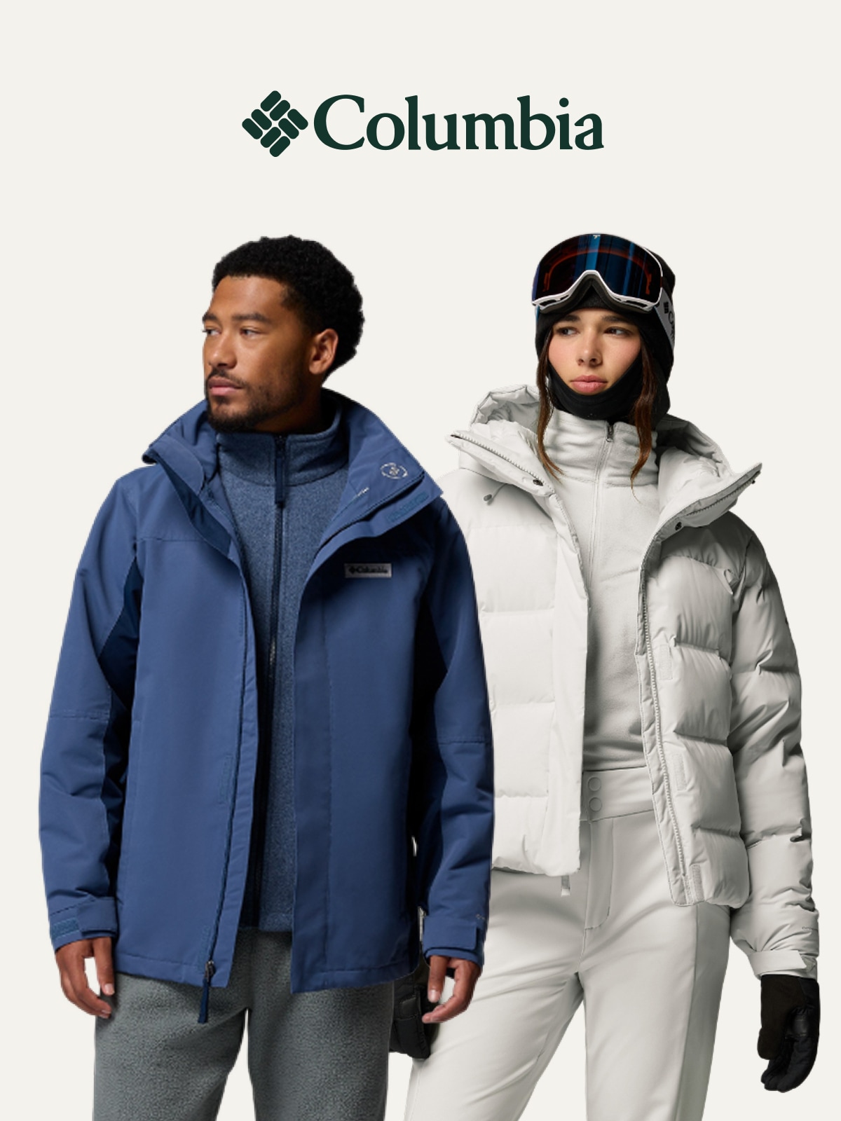 Two people wearing Columbia snow clothing on a light colored background.