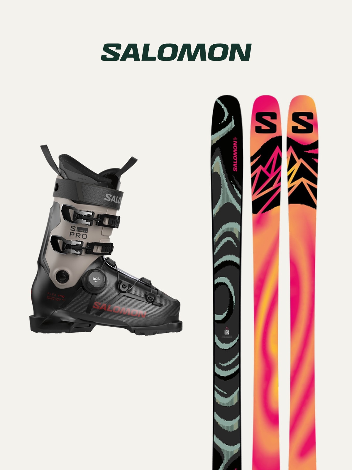 Salomon boots and skis on a light colored background.