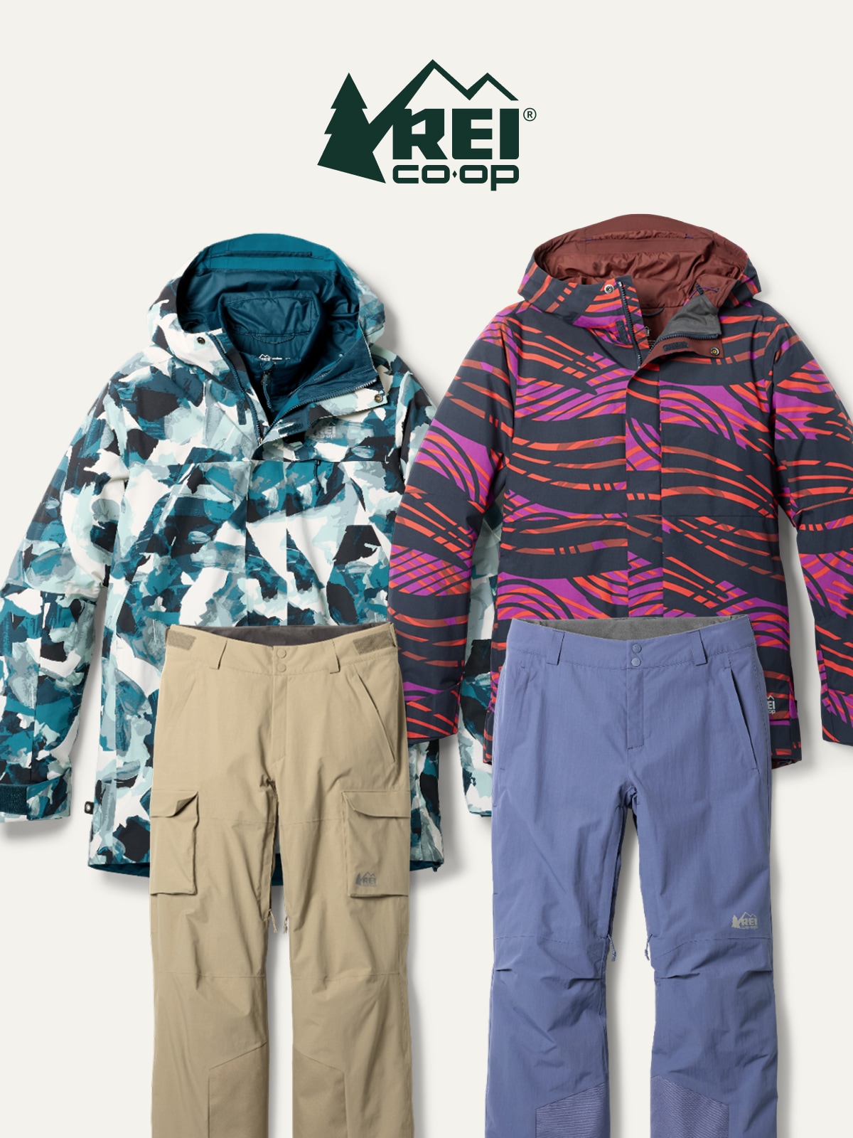 A collage of R E I Co-op brand snow clothing on a light colored background.