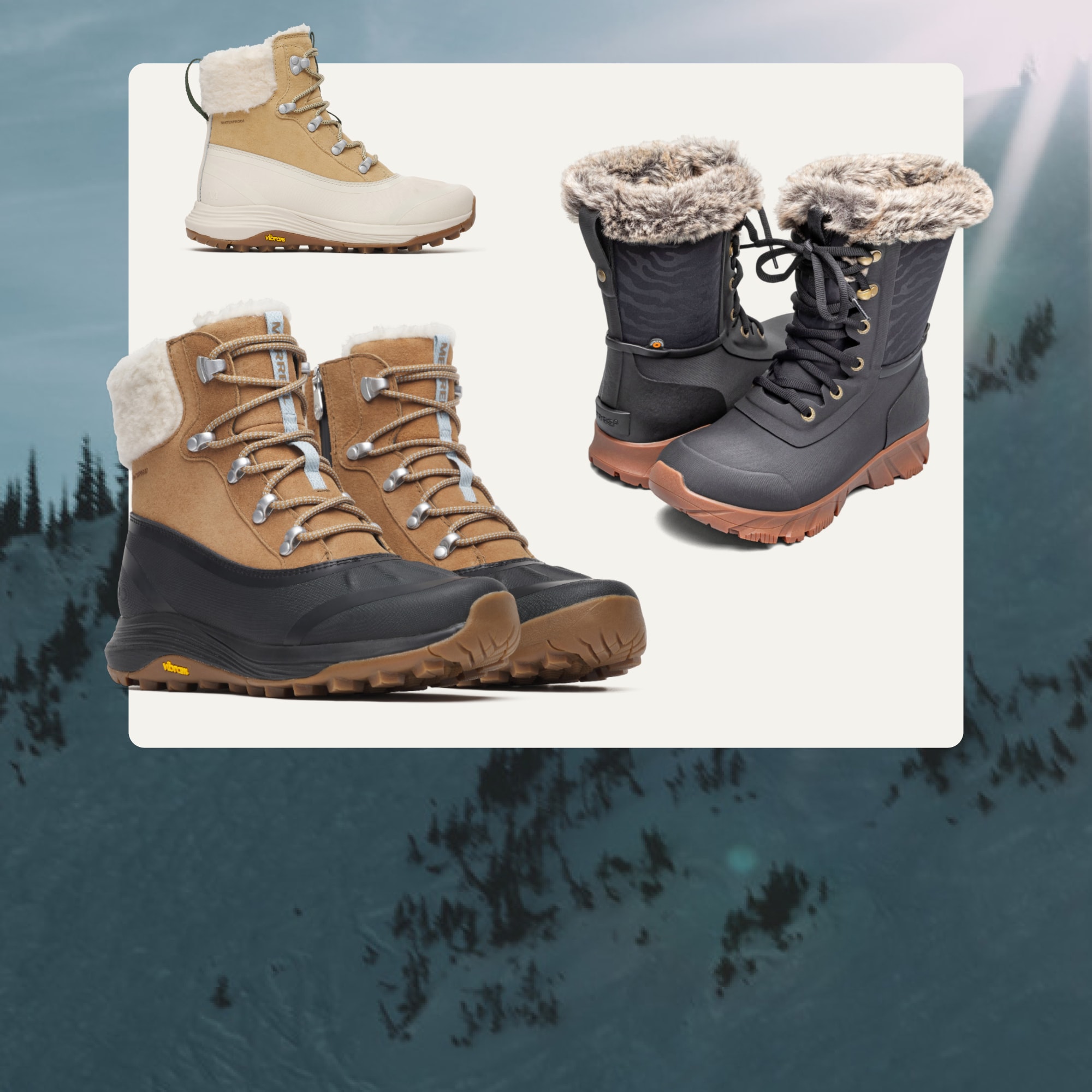 A collage of insulated boots on a light colored background over an image of mountains covered in snow.