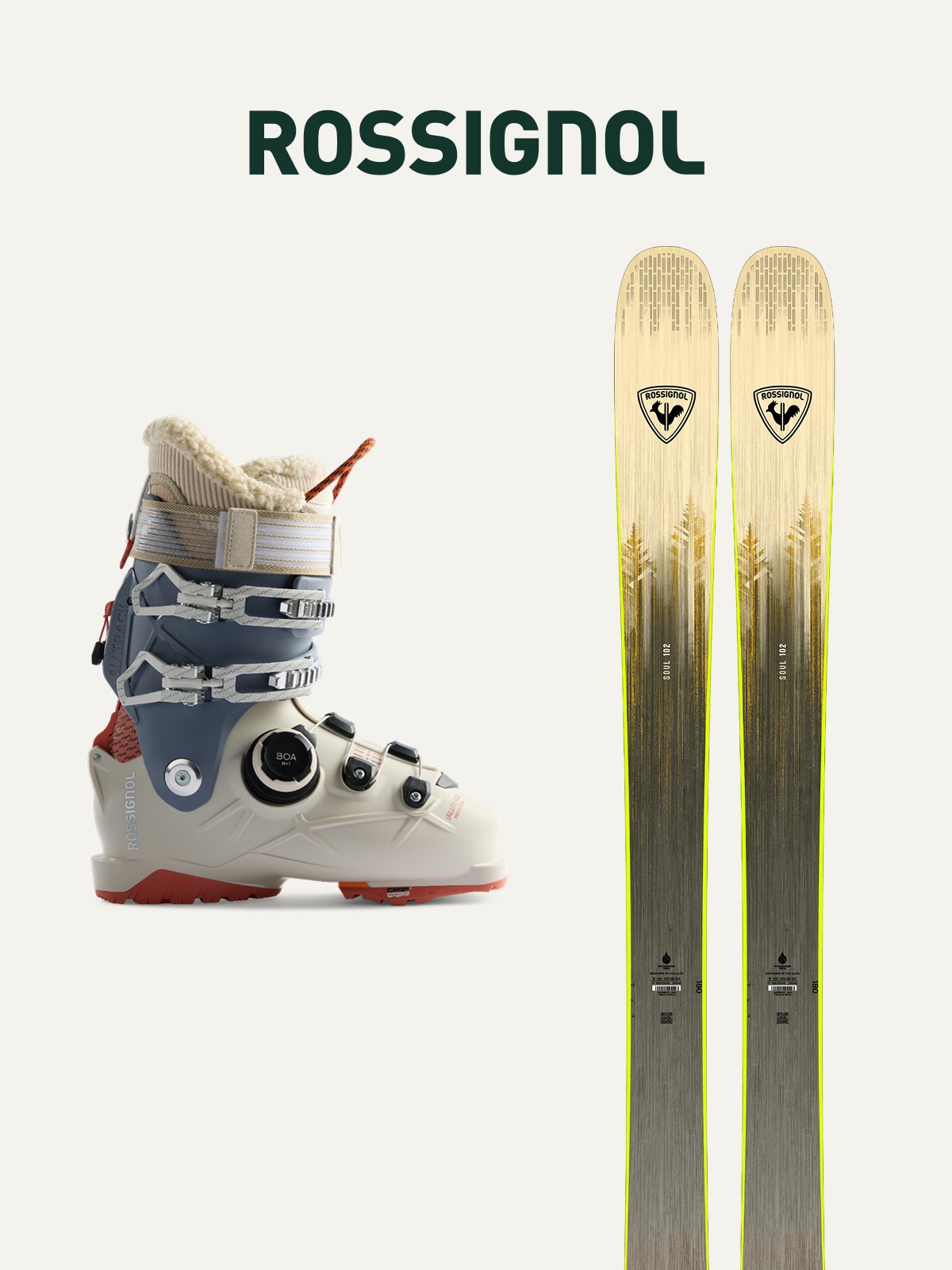 Rossignol boots and skis on a light colored background.