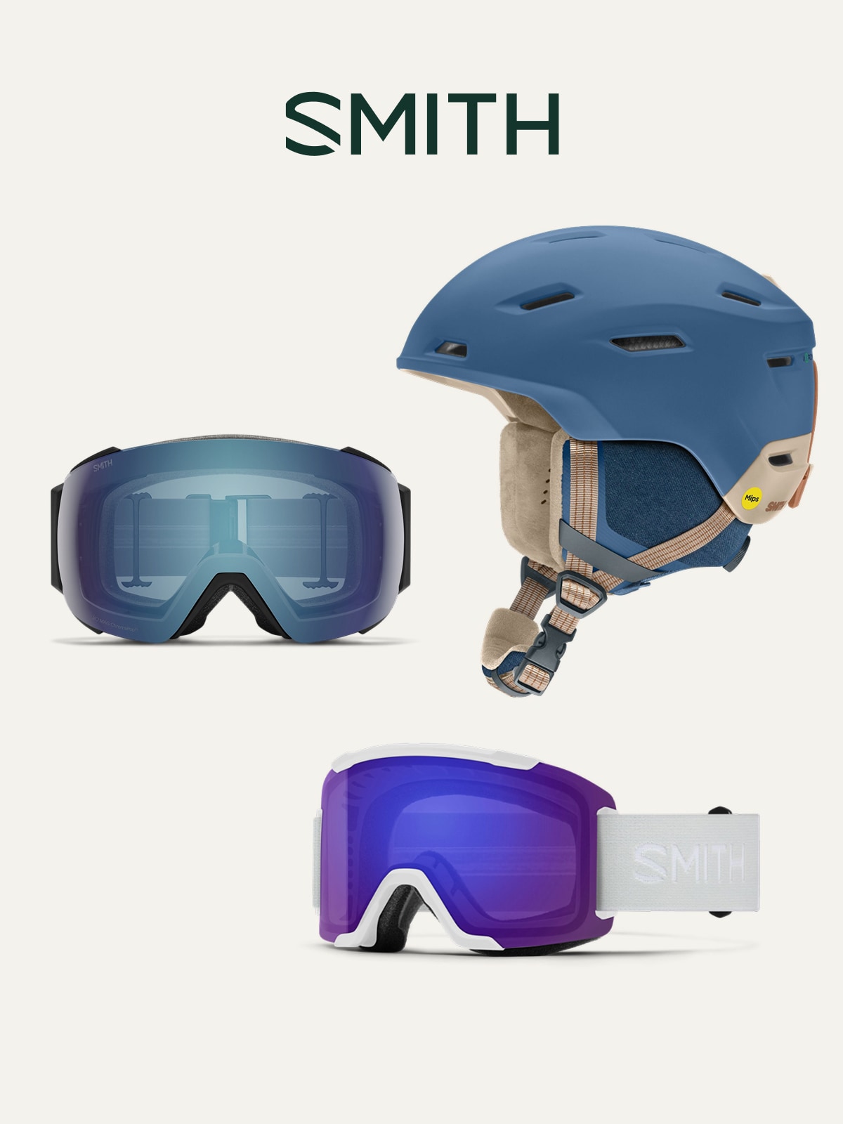 Snow goggles and a helmet from Smith on a light colored background.
