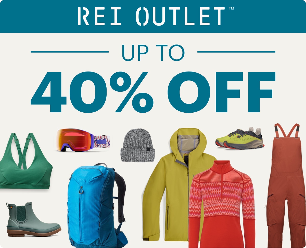 R E I Outlet up to 40% off. A collage or products