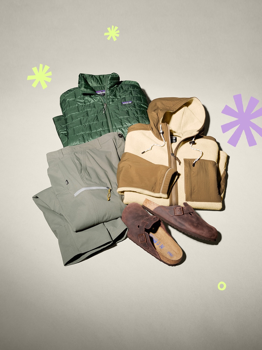 A collage of men’s clothing and shoes on a light colored background.
