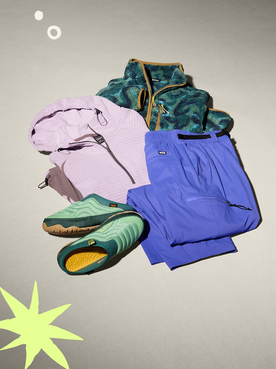 A collage of women’s clothing and shoes on a light colored background.