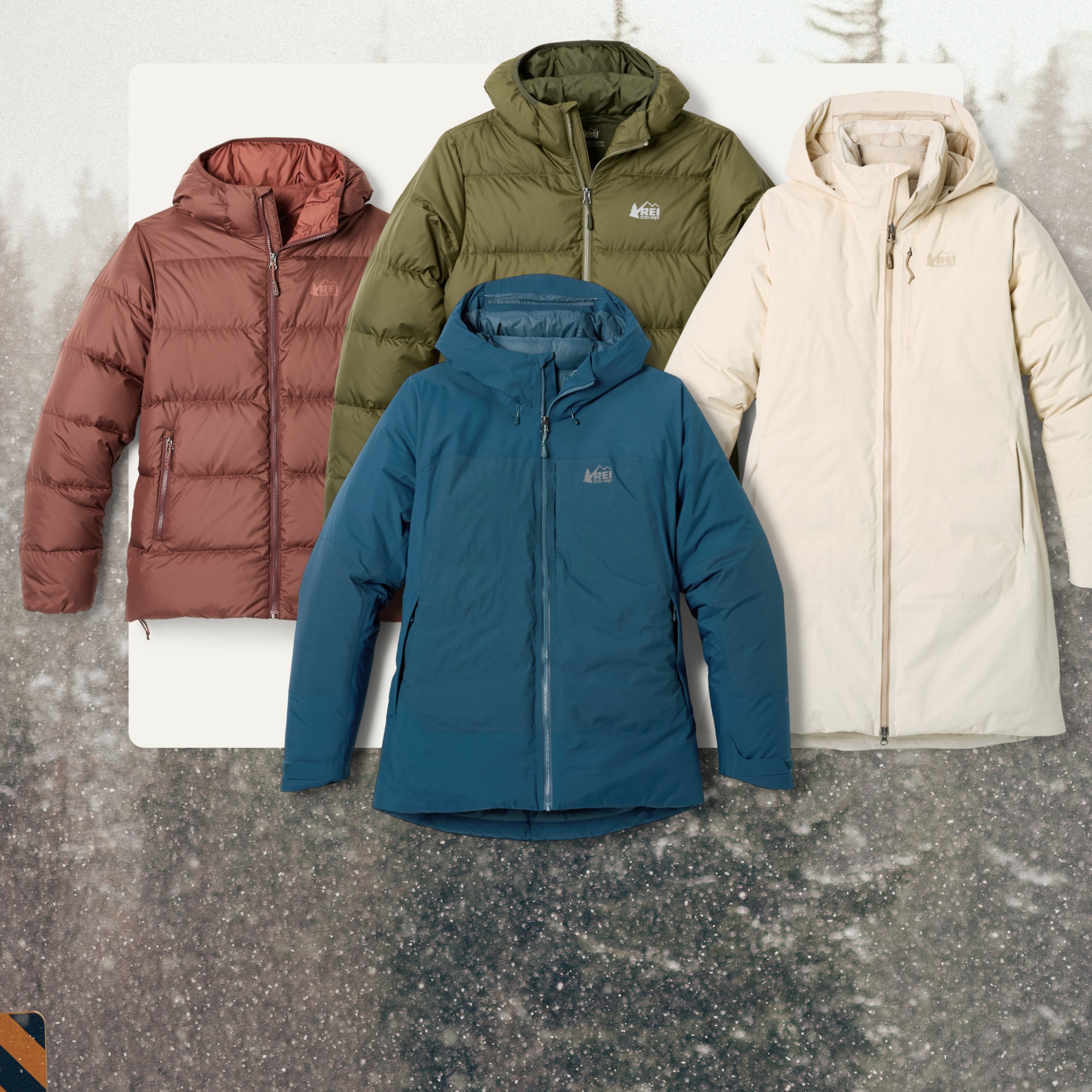 A collage of insulated jackets over a photo of snow falling on trees.