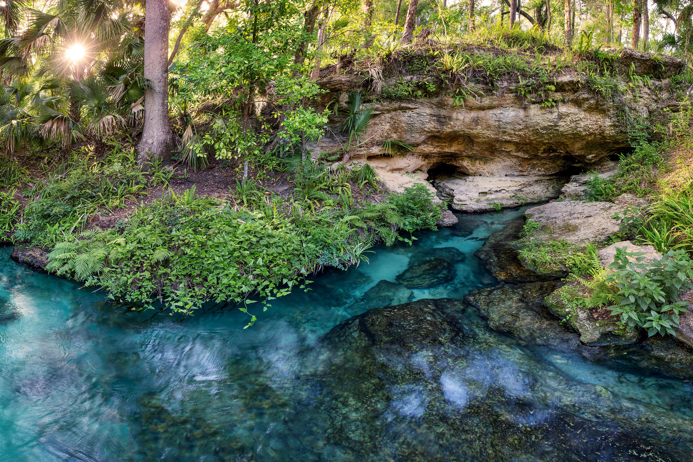 A landscape photo looking down at azure blue water surrounded by jungle foliage