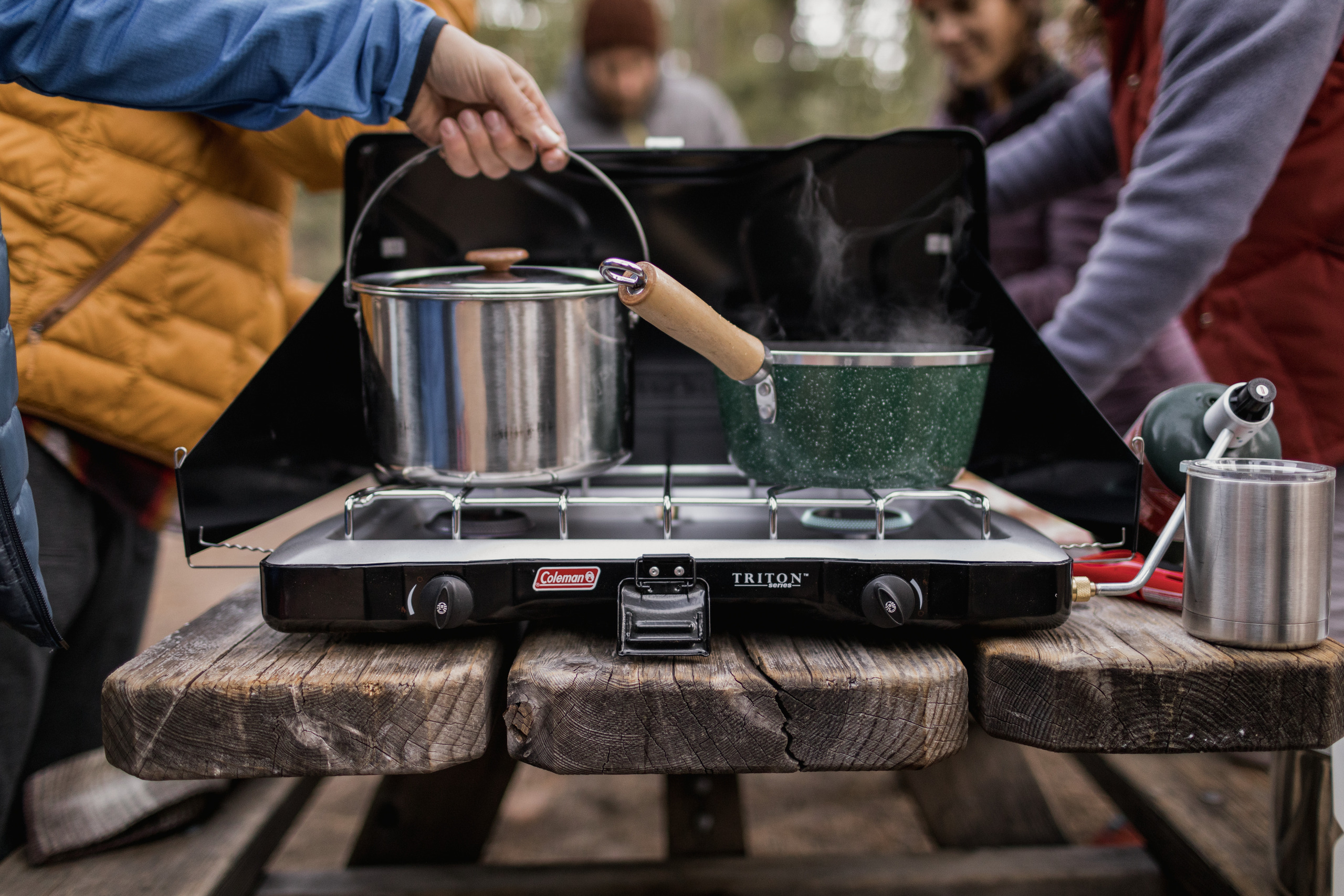 Close-up shot of a pot on a camp stove