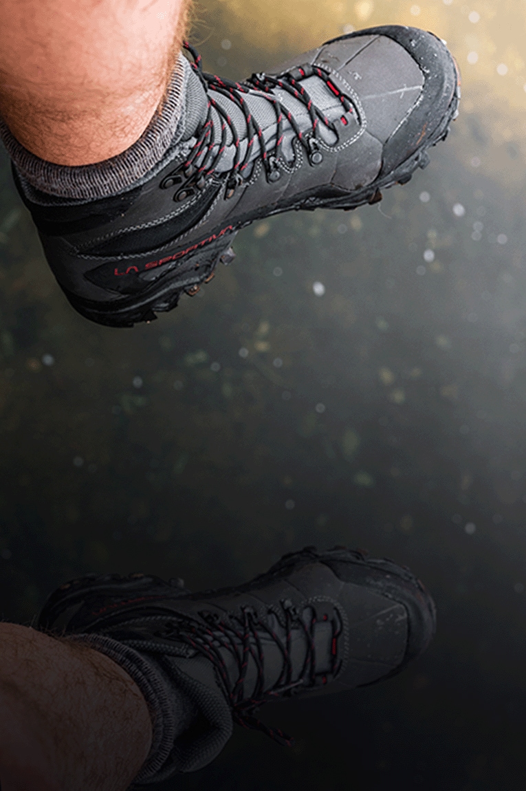 A hiker wears the La Sportiva Nucleo High II GTX Hiking boot
