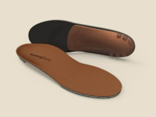 A pair of Superfeet All-Purpose Memory Foam Support insoles.