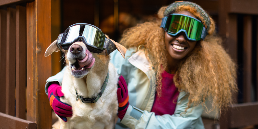 A dog and their human companion both where snow goggles on a snowy day.
