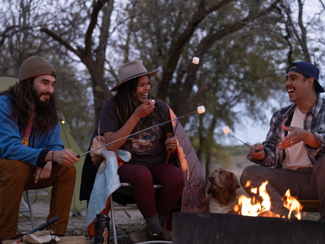 Three friends and a dog sit around a campfire, laughing and roasting marshmallows as the sun sets.
