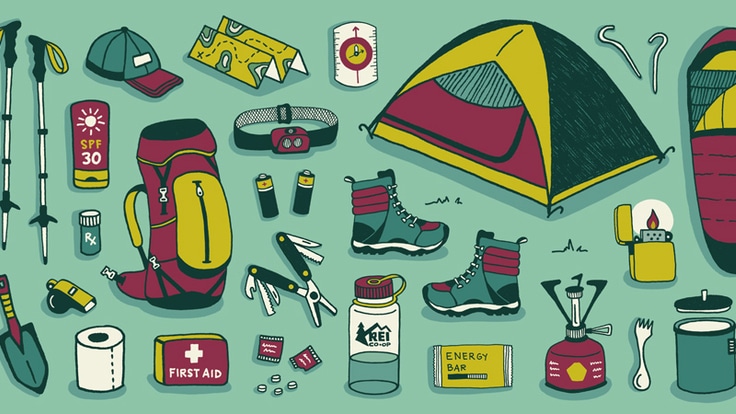 Illustration of items in a backpacking checklist