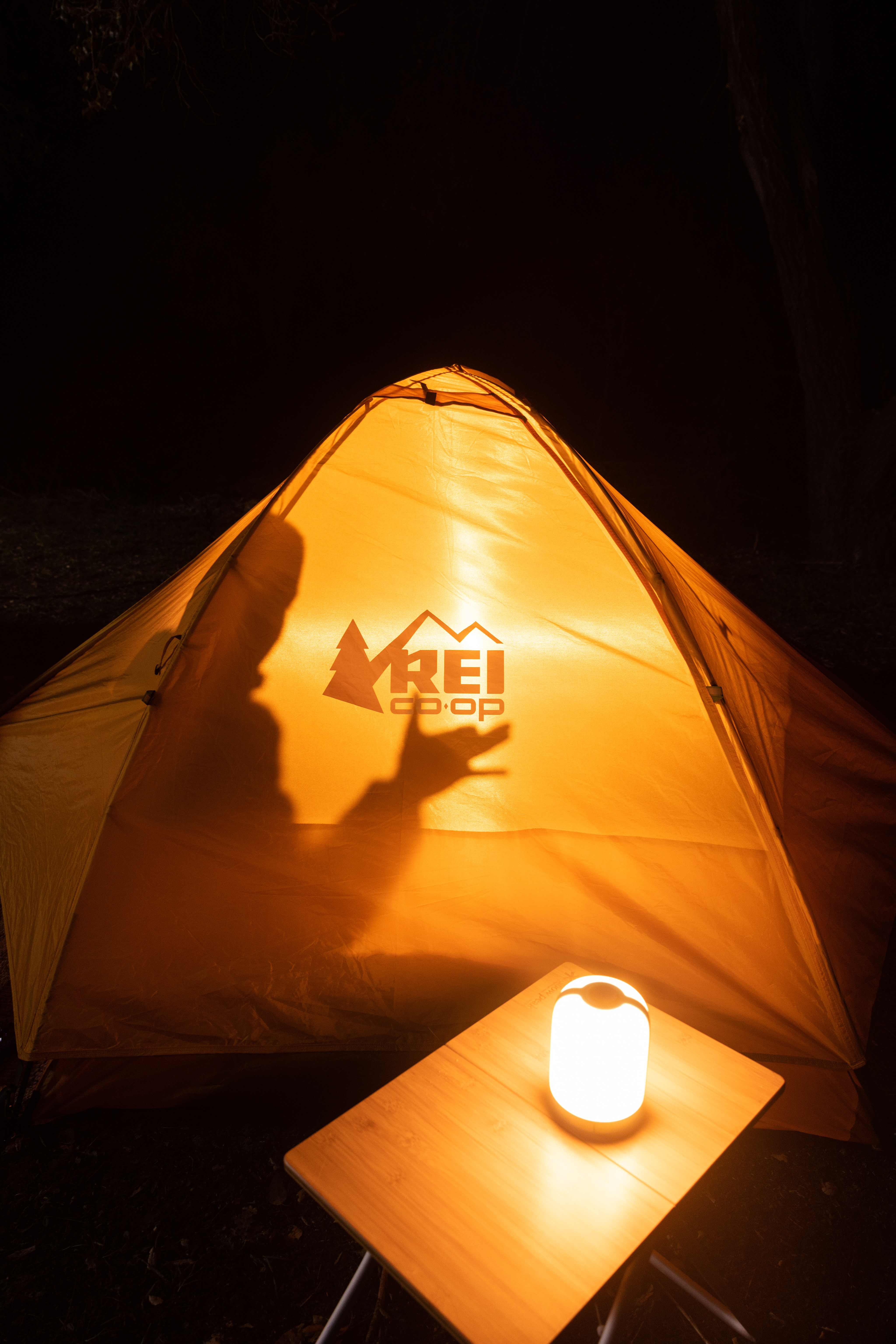 Camper makes shadow puppets in a tent.