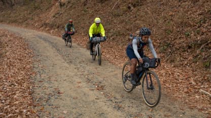 a group of people mountain biking on a trail in a forest