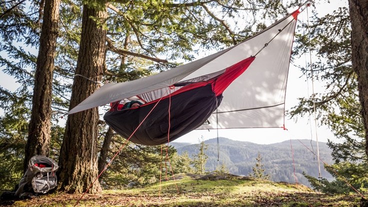 A person sleeping in a hammock with a tarp over it