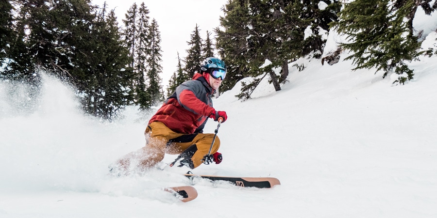 a skier skiing between trees