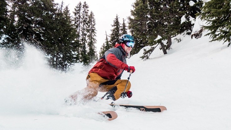a skier skiing between trees