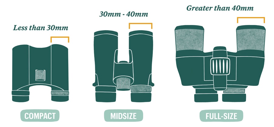 An illustration of compact binoculars, mid-size binoculars, and full-size binoculars