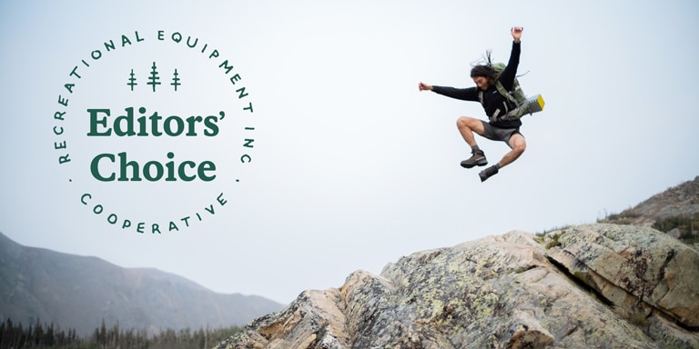 A backpacker leaping into the air with a badge over the image that reads, "Editors' Choice"
