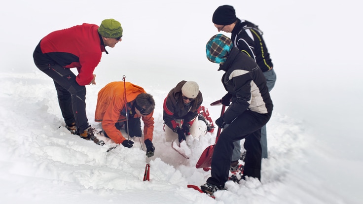 A group of people practicing avalanche rescue skills